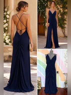 Free People Simone Maxi Dress Navy Ruched Strappy Open Back Adjustable Sz 12🧡